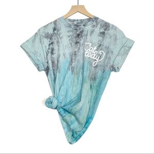 T-SHIRT Tie Dye Teal Gray Cat Lady Size M